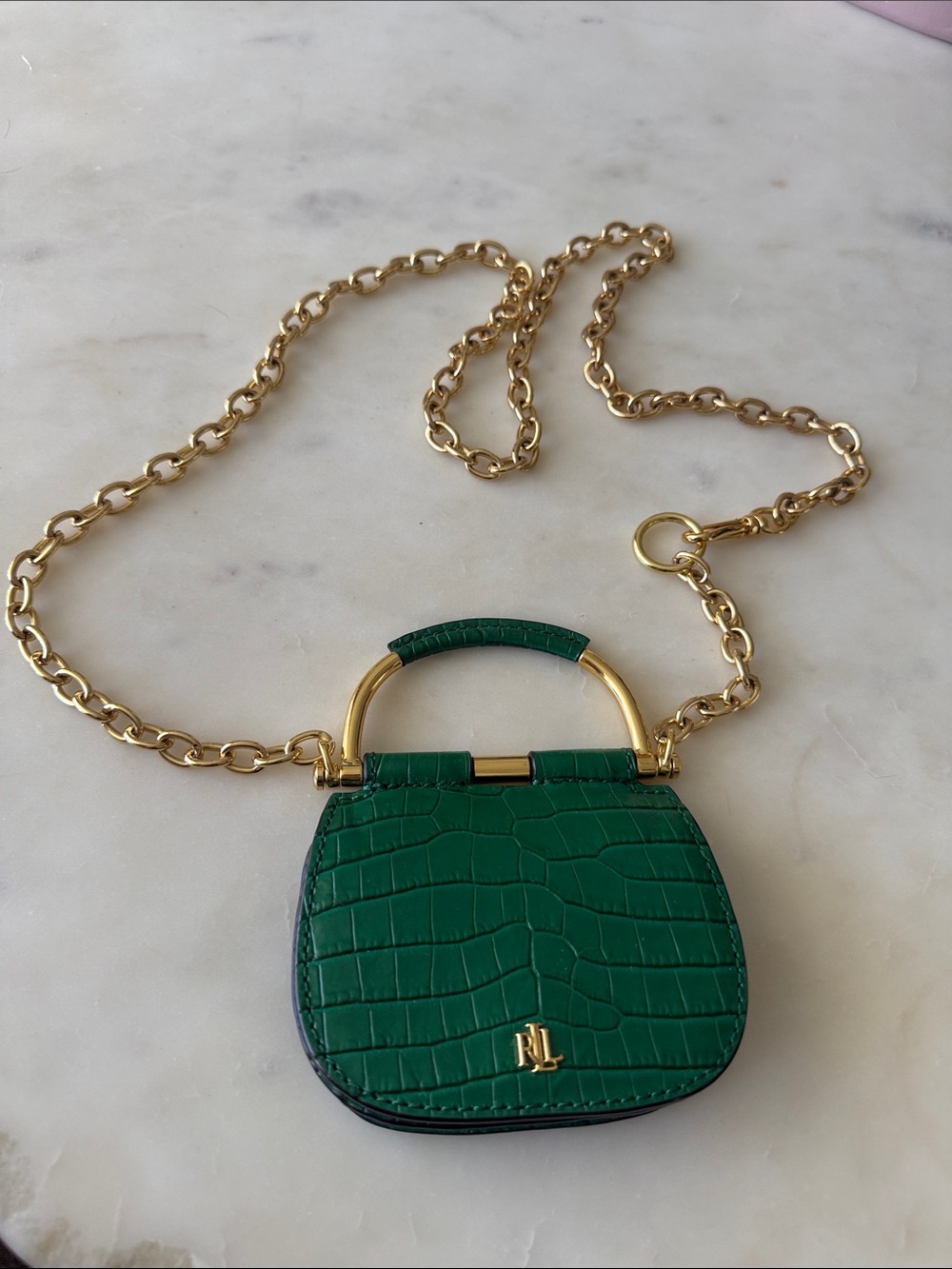 Ralph Lauren Green Croc-Embossed Mini Shoulder Bag with Gold Chain - Picture 2 of 3